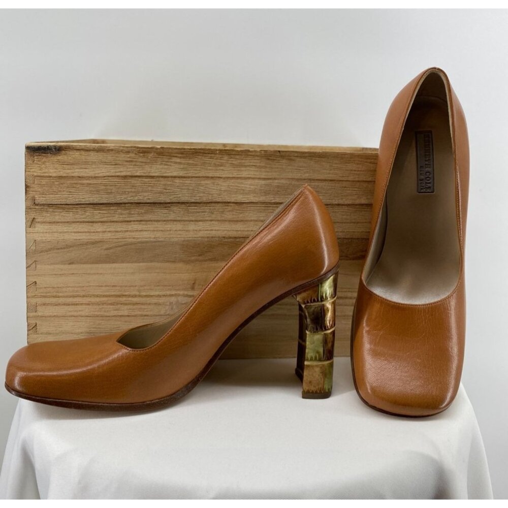 Kenneth Cole Italian Leather Heels With Unique Gold-Toned Block‎ Heels - Size 6M